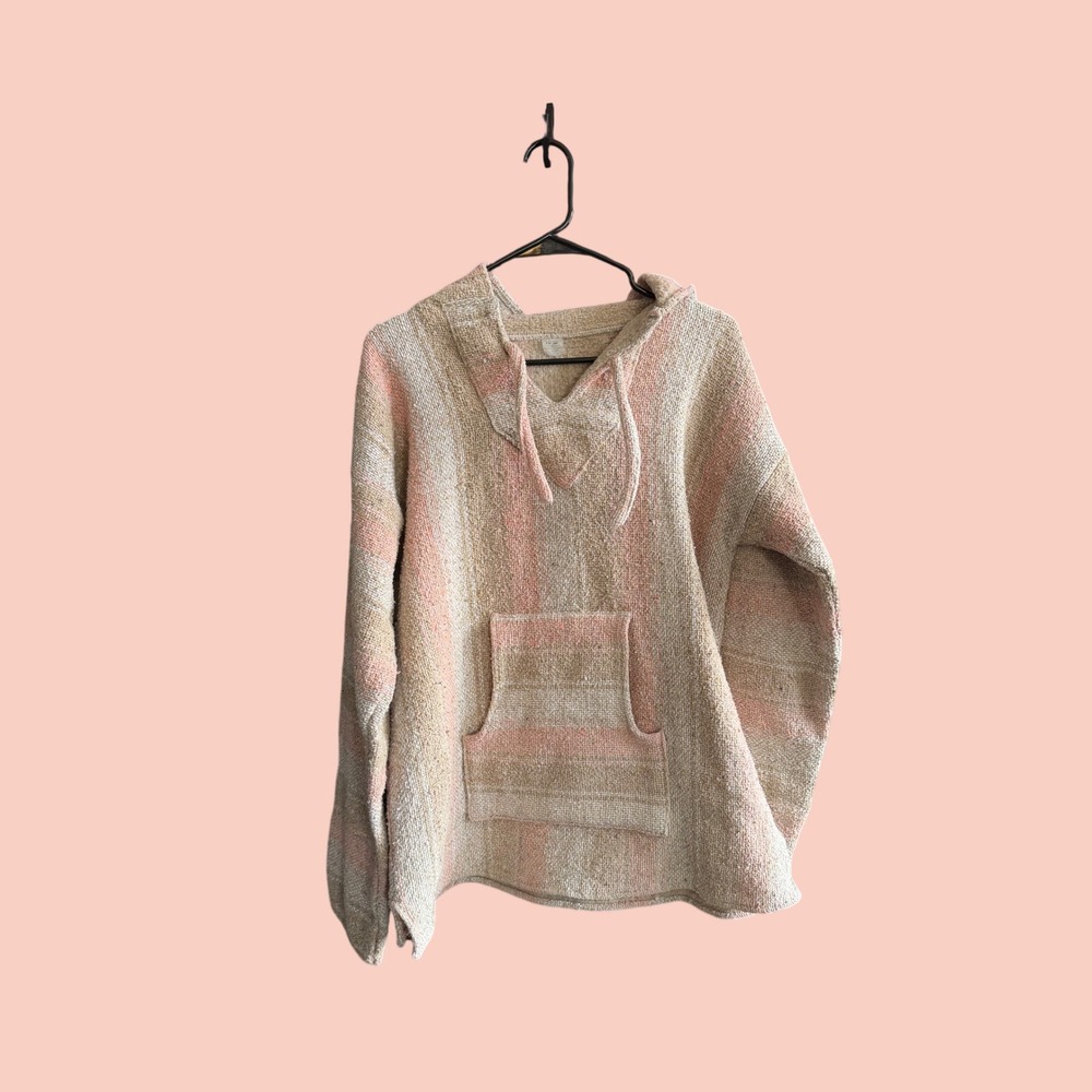 Vintage Artesanias F.R. Inc Baja Hoodie Beige Pink Striped Mexican Poncho Large